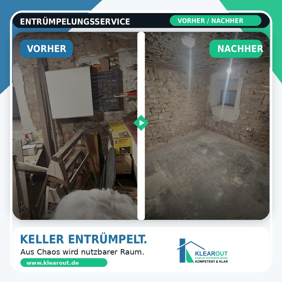 Vorher-Nachher-Vergleich einer Kellerentrümpelung durch Klearout: vollgestellter Keller vorher, leerer nutzbarer Raum nachher