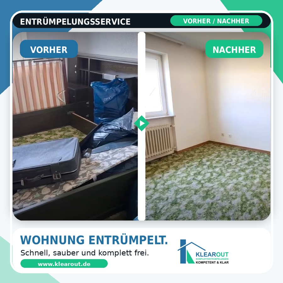 Vorher-Nachher-Vergleich einer Wohnungsauflösung durch Klearout: vollgestellte Wohnung vorher, besenrein geräumt nachher